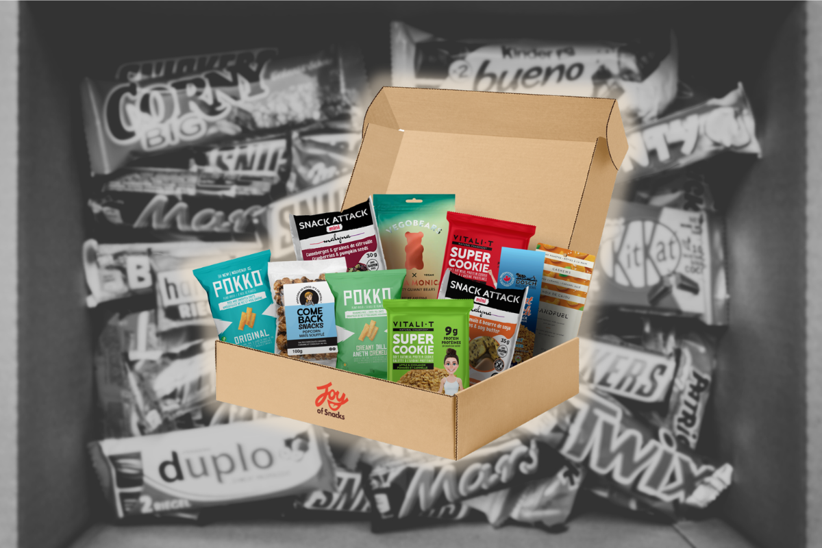 Joy of Snacks healthy snack box filled with portion-controlled, nutritious snacks placed in front of a blurred junk food box, visually contrasting healthy and unhealthy snacking options.