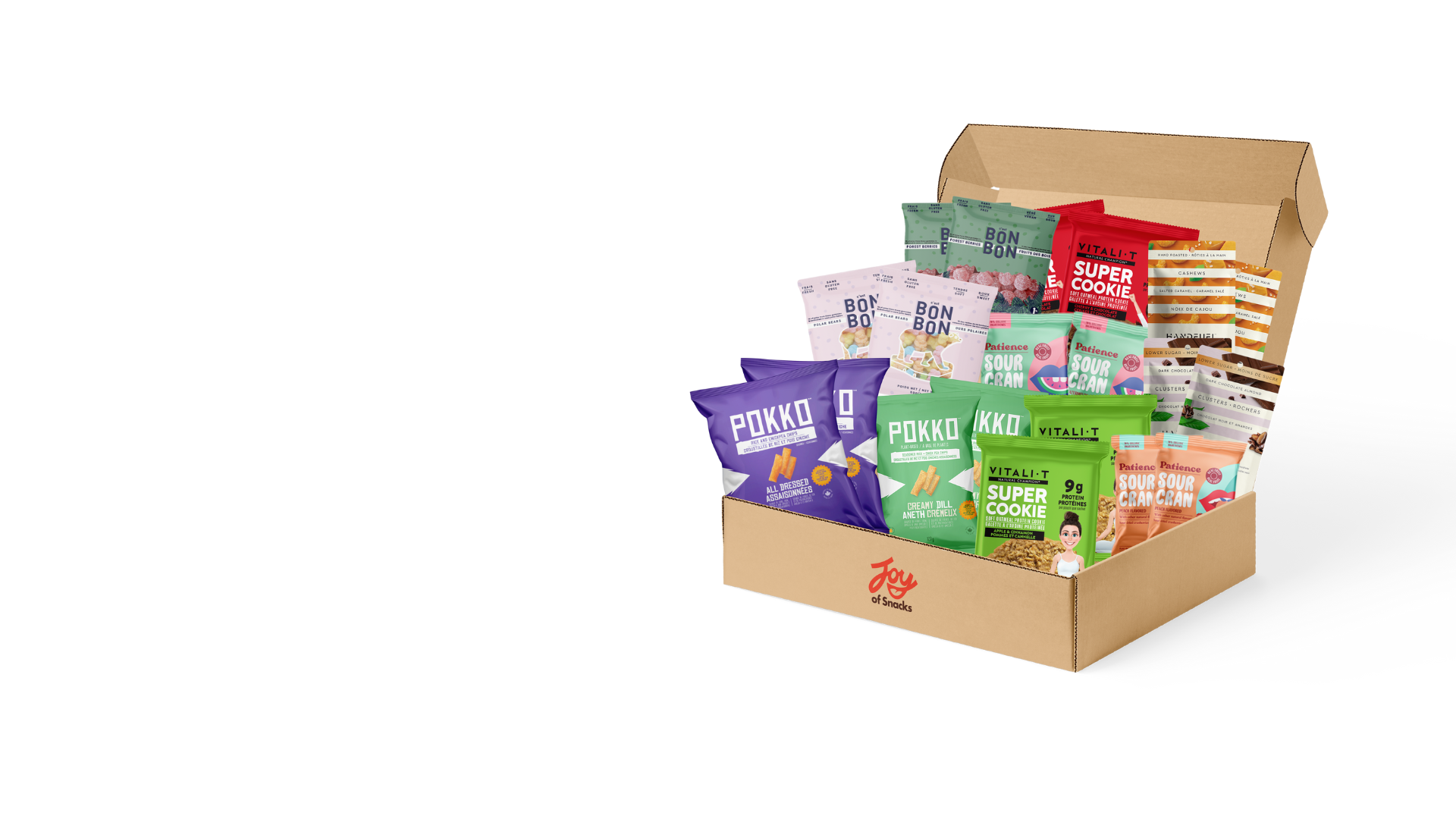 Joy of Snacks filled with various healthy snacks on a white background.