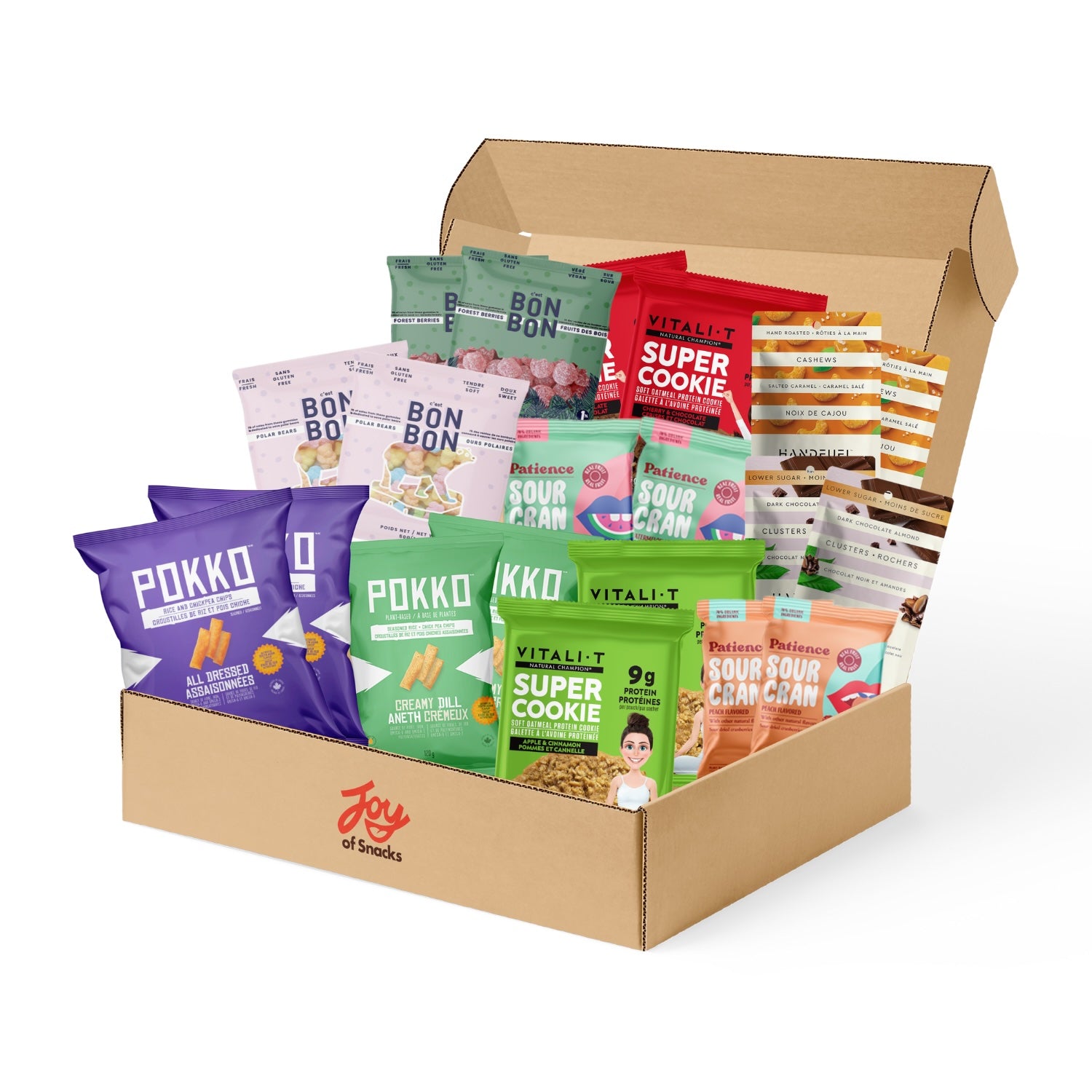 Shared Joy. 20 assorted snacks in a box with 'Joy of Snacks' branding.