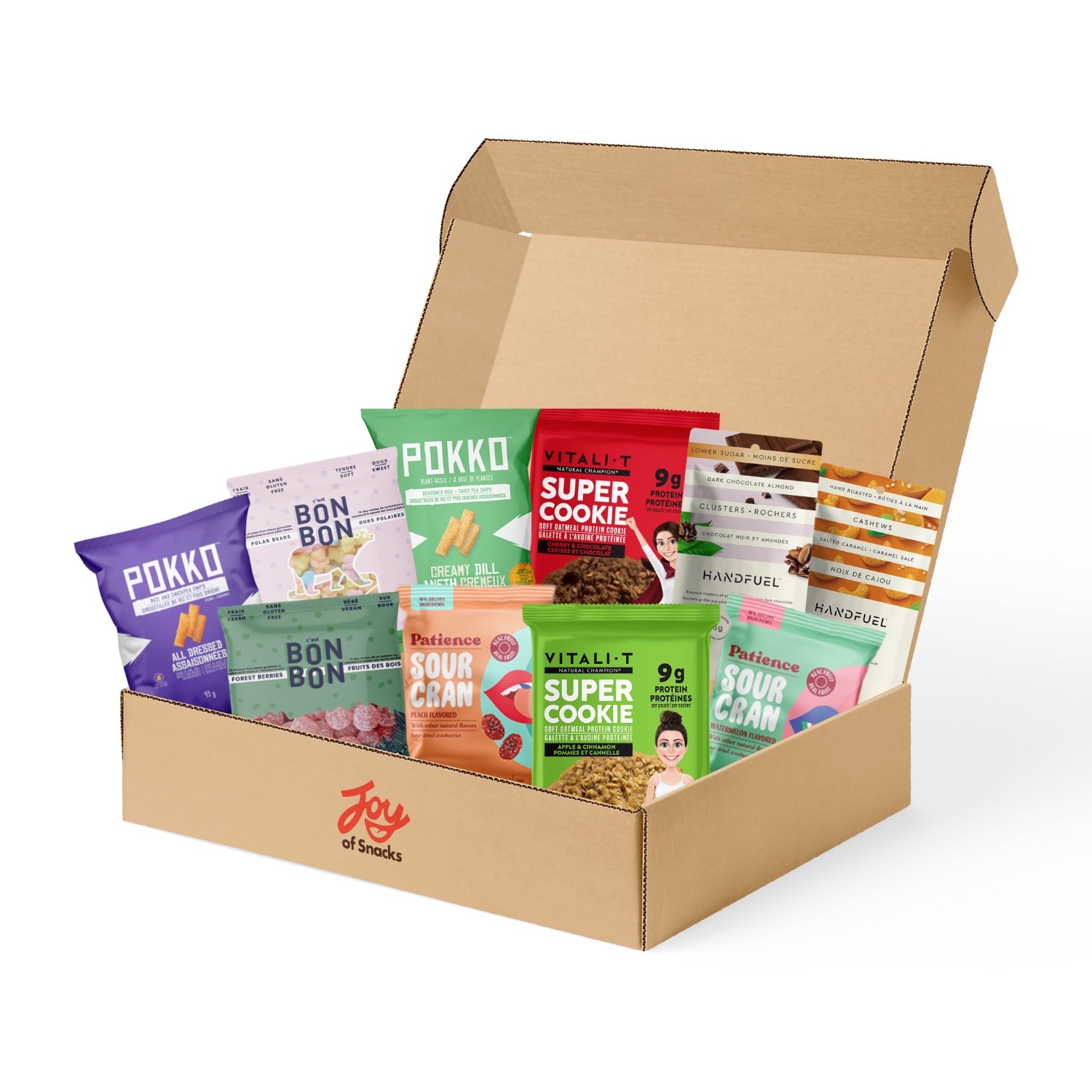 Simple Joy. 10 assorted snacks in a box with 'Joy of Snacks' branding.