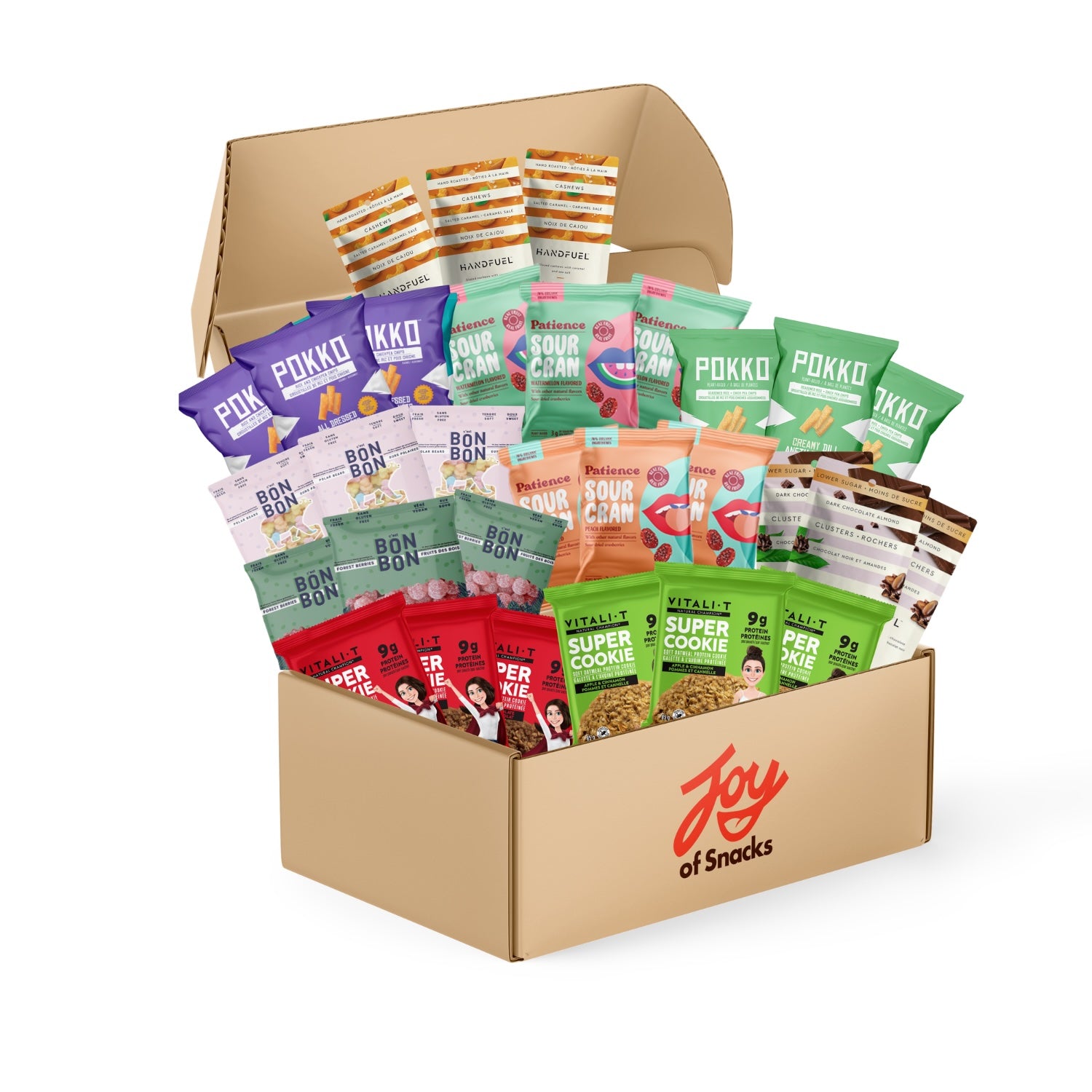 Supreme Joy. 30 assorted snacks in a box with 'Joy of Snacks' branding.